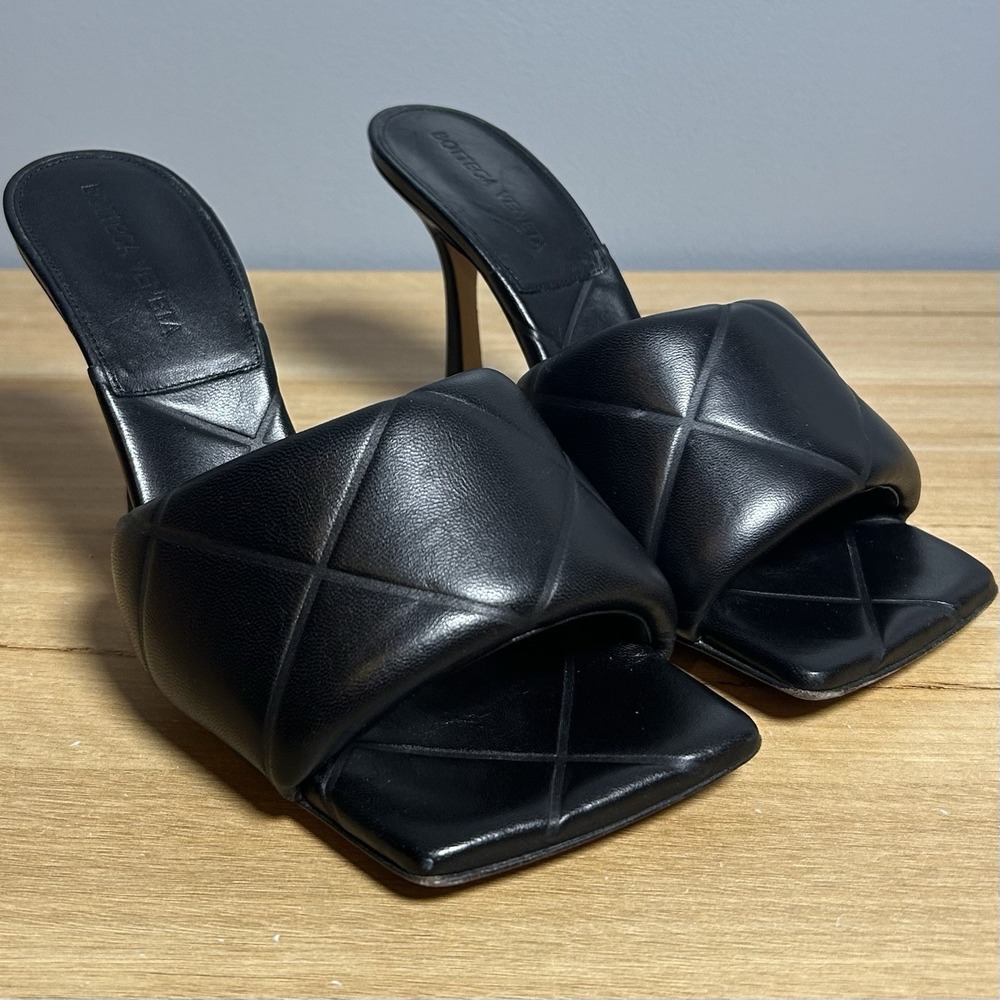 Bottega Veneta Black Nappa Leather Woven Quilted Square Toe Lido Mule Sandals